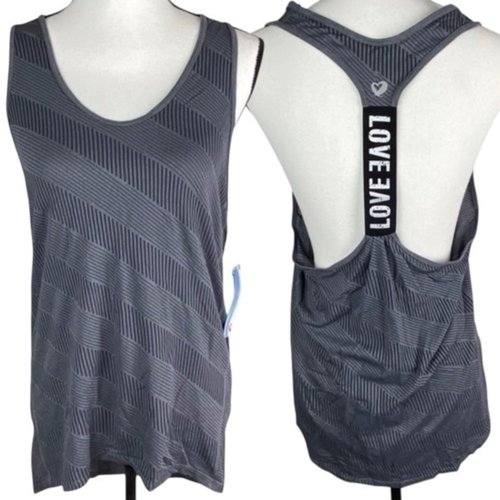 SHOACTIVE Gray Racerback Tank Top Womens Large Love Graphic Striped Activewear